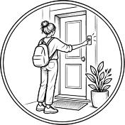Ilustración de una educadora llamando a la puerta de una casa